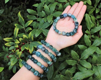 Moss Agate Tumbled Gemstone Bracelet: 6-8 mm Stones (Agate Stretch Bracelet, Nugget Bracelet, Gift)