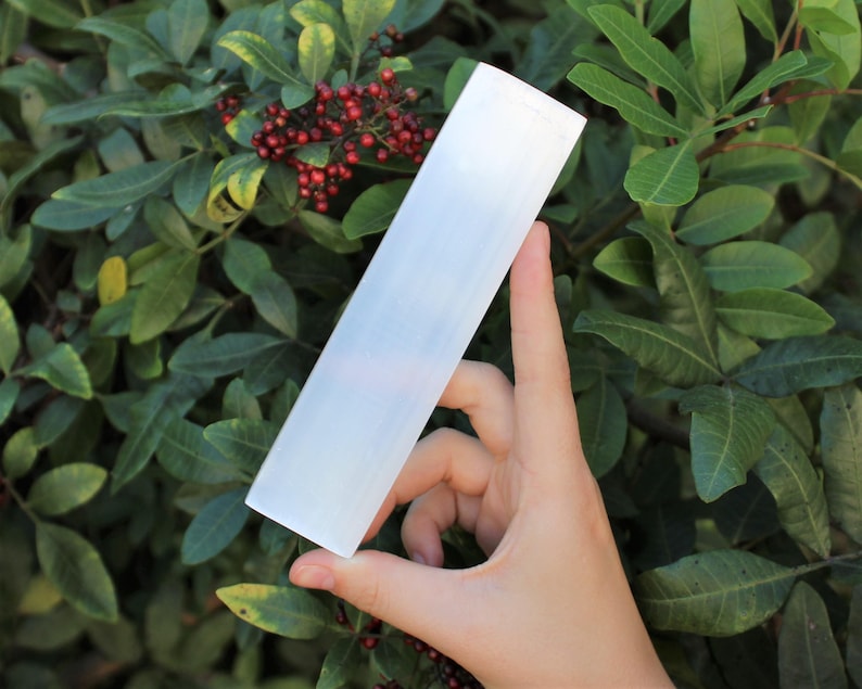 May include: A white selenite charging wand, a smooth, rectangular piece of crystal, held in a hand against a backdrop of green foliage.