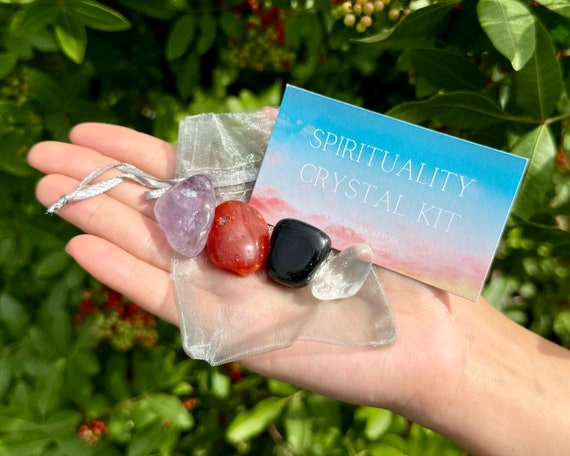 Spirituality Crystal Kit, 4 pcs In Organza Pouch - Most Popular Tumbled Crystal Gift Kits (Chakra Protection Healing Sets)