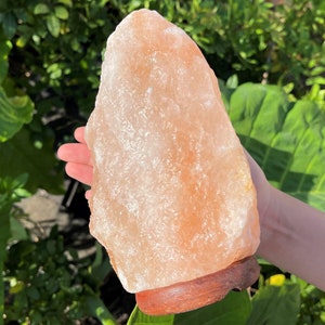 May include: A large, natural Himalayan salt lamp with a warm, pink hue. The lamp is sitting on a wooden base and is being held in a hand.