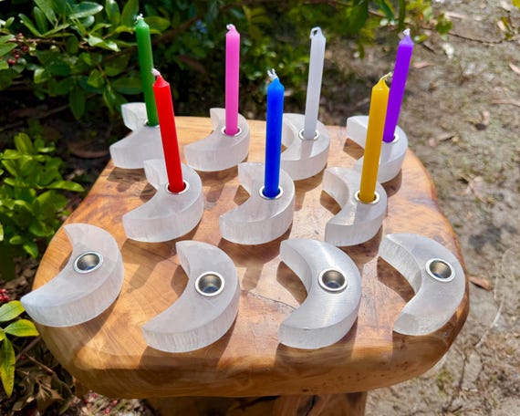 Selenite Moon Candle Holder for Ritual Candles - Choose How Many, Bulk Discounts! (Premium Quality Selenite Crystals, Spell Candle Holder)