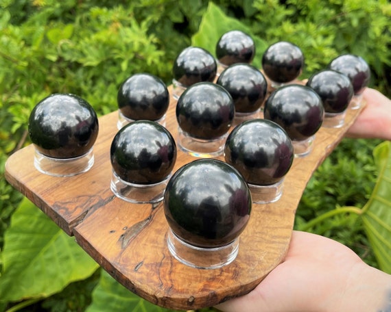 Shungite Crystal Sphere with Stand, Large 2" Sphere (Polished Shungite Crystal, EMF Protection)