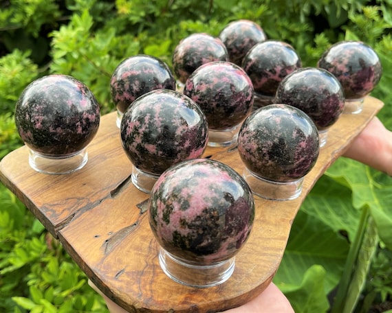 Rhodonite Crystal Sphere with Stand, HUGE 2.5 - 3" Sphere ('AAA' Grade Rhodonite Sphere, Polished Rhodonite Crystal)