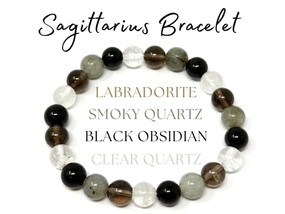 Sagittarius Zodiac Bracelet - Black Obsidian, Labradorite, Smoky Quartz, & Clear Quartz 8 mm Round Sagittarius Crystal Beads (Birthstone)
