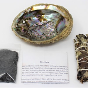 Smudge Kit: Large Abalone Shell, Yerba Santa Smudge Stick, Pack of Black Salt (for Protection) PLUS Smudging Guide!
