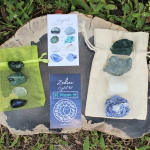 Pisces Zodiac Crystal Kit, 4 Birthstones in an Organza Pouch: You Choose Rough or Tumbled Stones, or Both Crystal Gift Kits image 2