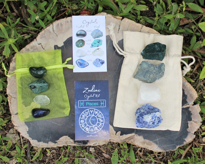 Pisces Zodiac Crystal Kit, 4 Birthstones in an Organza Pouch: You Choose Rough or Tumbled Stones, or Both Crystal Gift Kits image 2