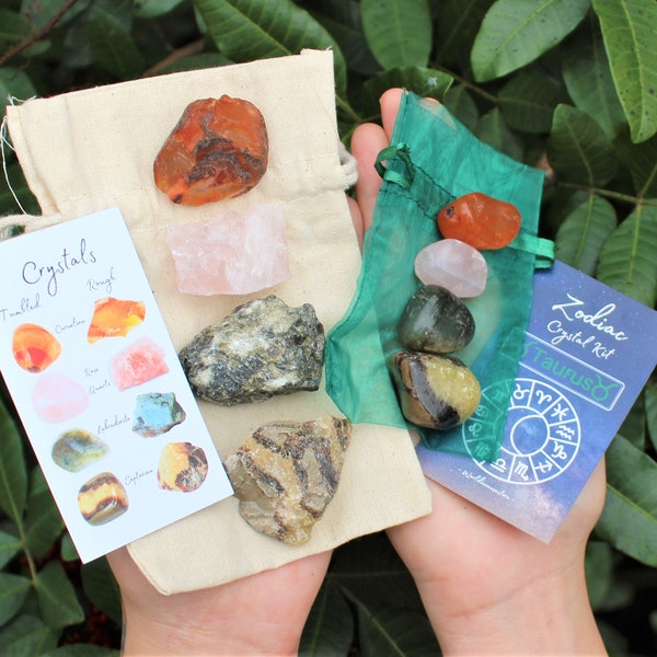 Taurus Zodiac Crystal Kit, 4 Birthstones in an Organza Pouch: You Choose Rough or Tumbled Stones, or Both! (Crystal Gift Kits)