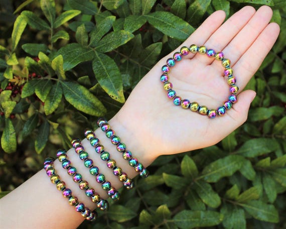 Rainbow Hematite Bead Bracelet - 8mm Crystal Bracelet - Genuine Gemstone Jewelry Gift for Her