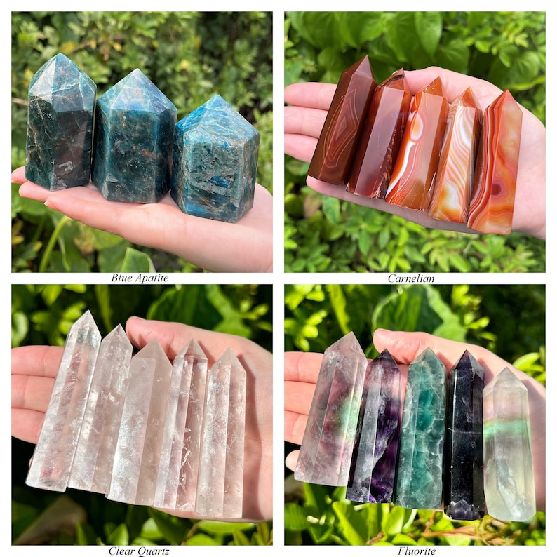 May include: A collection of four crystal sets displayed in separate quadrants. The top left shows three blue apatite towers. The top right features five carnelian towers with banded patterns. The bottom left displays five clear quartz points. The bottom right shows five fluorite towers in shades of green, purple, and clear.