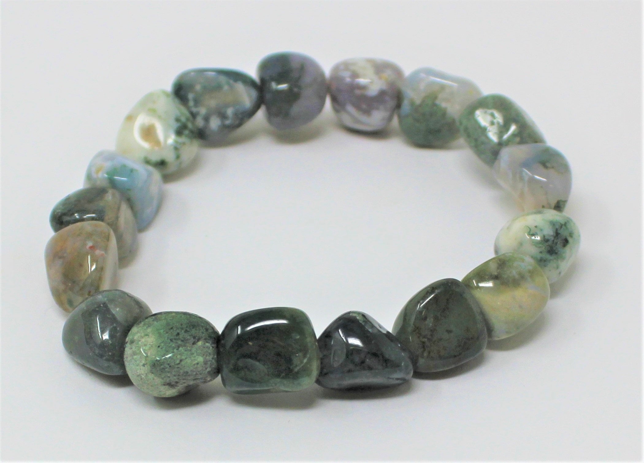 Moss Agate Tumbled Gemstone Bracelet: 6-8 mm Stones (Moss Agate