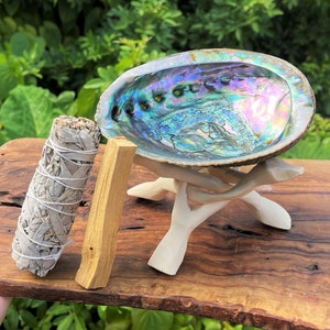 LARGE White Sage Smudge Abalone Kit: 5-6&quot; Abalone Shell, White Sage Smudge Stick, Palo Santo, Stand & Smudging Directions (House Cleansing)