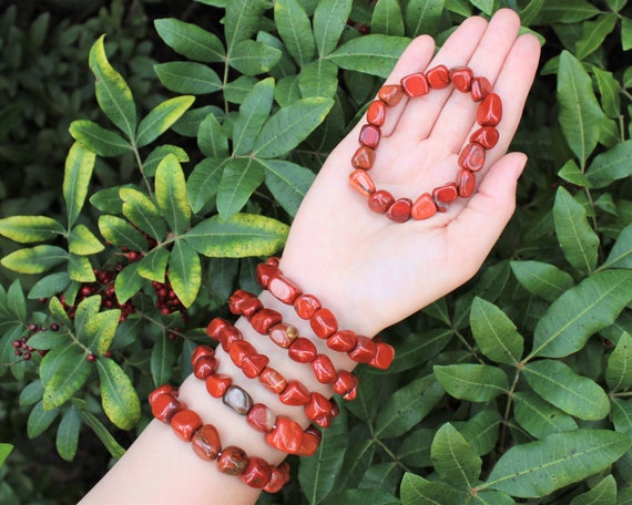 Red Jasper Tumbled Gemstone Bracelet: 6-8 mm Stones (Premium Grade Stretch Nugget Bracelet)