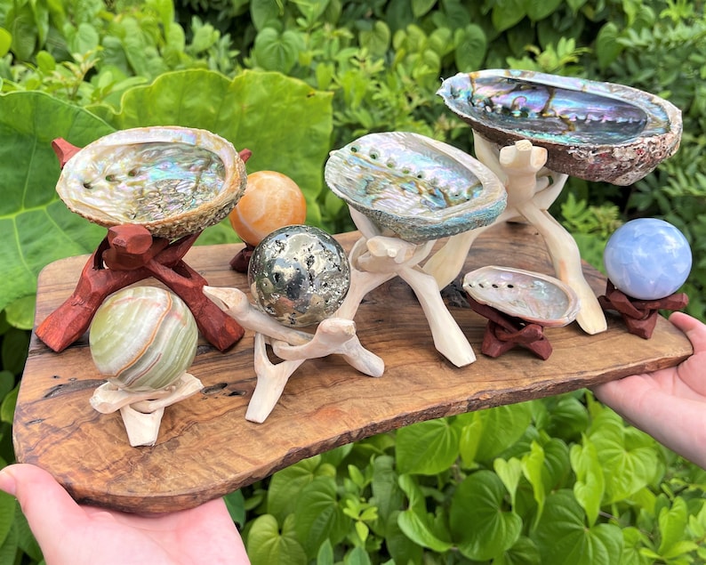 May include: A collection of iridescent abalone shells and polished stone spheres displayed on wooden stands atop a rustic wooden board. The set includes three abalone shells of varying sizes, a pyrite sphere, a green banded sphere, and two others.