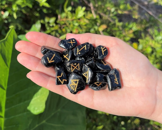 Black Tourmaline Rune Stone Set with Velvet Storage Pouch (Set of 25 Elder Futhark Runes)