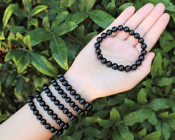 Black Tourmaline Bead Bracelet: 6 mm or 8 mm Round Crystals (Premium Grade Stretch Gemstone Bracelet)