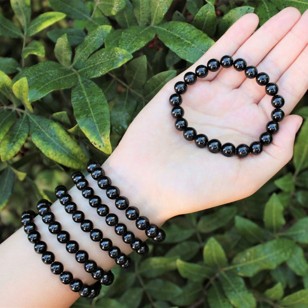 Black Tourmaline Bead Bracelet: 6 mm or 8 mm Round Crystals (Premium Grade Stretch Gemstone Bracelet)