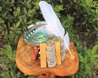 Large Abalone Shell Kit - Natural Abalone, 2 Blue Sage, 2 Palo Santo, Feather, Wooden Stand