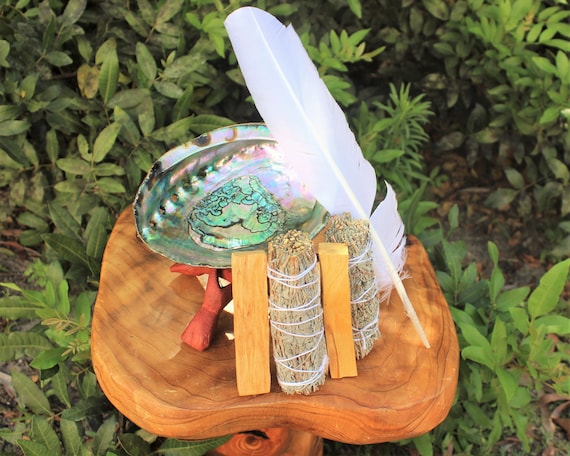 Smudge Kit - Premium Abalone Shell, 2 Blue Sage Smudge Sticks, 2 Palo Santo Wood, Smudging Fan (Feather), 6" Tripod Stand and Directions