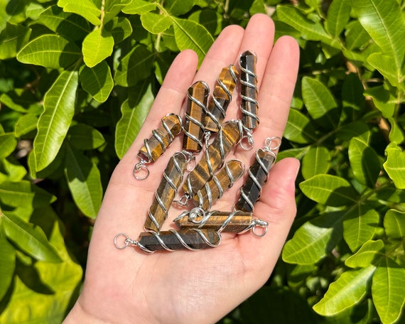 Gold Tiger Eye Spiral Wire Wrapped Point Pendant / Necklace (Tiger Eye Point Pendant, Coil Wire Wrapped Tiger Eye Point Necklace)