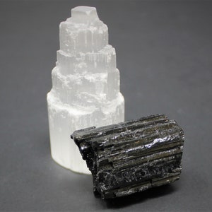 1 Selenite Tower & 1 Extra Grade Black Tourmaline Log: Home Protection Kit Buy More Sets and Save BIG 10 Kits