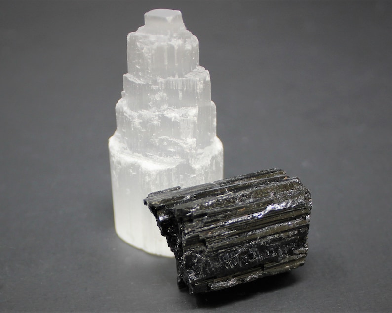 1 Selenite Tower & 1 Extra Grade Black Tourmaline Log: Home Protection Kit Buy More Sets and Save BIG 10 Kits