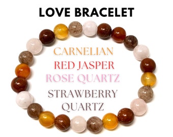 Love Bracelet - Rose Quartz, Carnelian, Strawberry Quartz & Red Jasper 8mm Round Crystal Beads