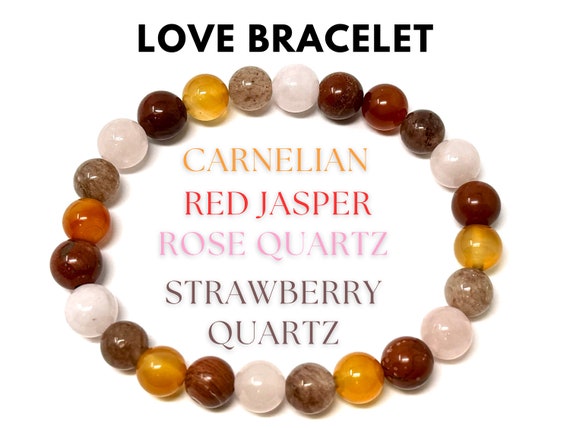 Love Bracelet: Rose Quartz, Carnelian, Strawberry Quartz & Red Jasper 8 mm Round Love Crystals (Stretch Bracelet, Gemstone Bracelet)