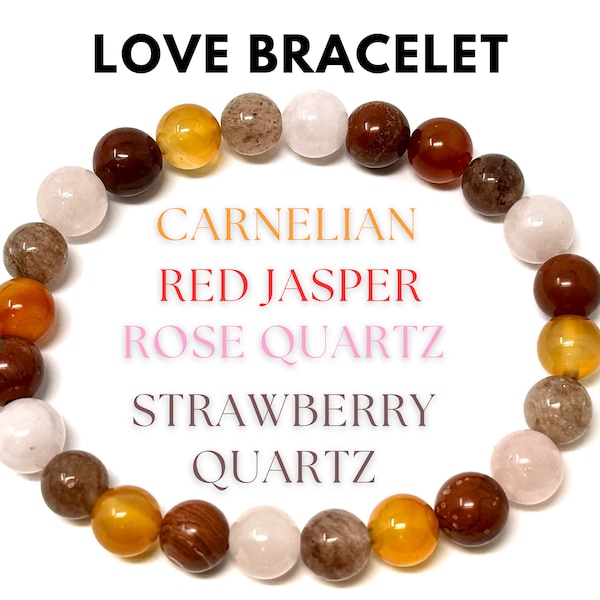 Love Bracelet: Rose Quartz, Carnelian, Strawberry Quartz & Red Jasper 8 mm Round Love Crystals (Stretch Bracelet, Gemstone Bracelet)