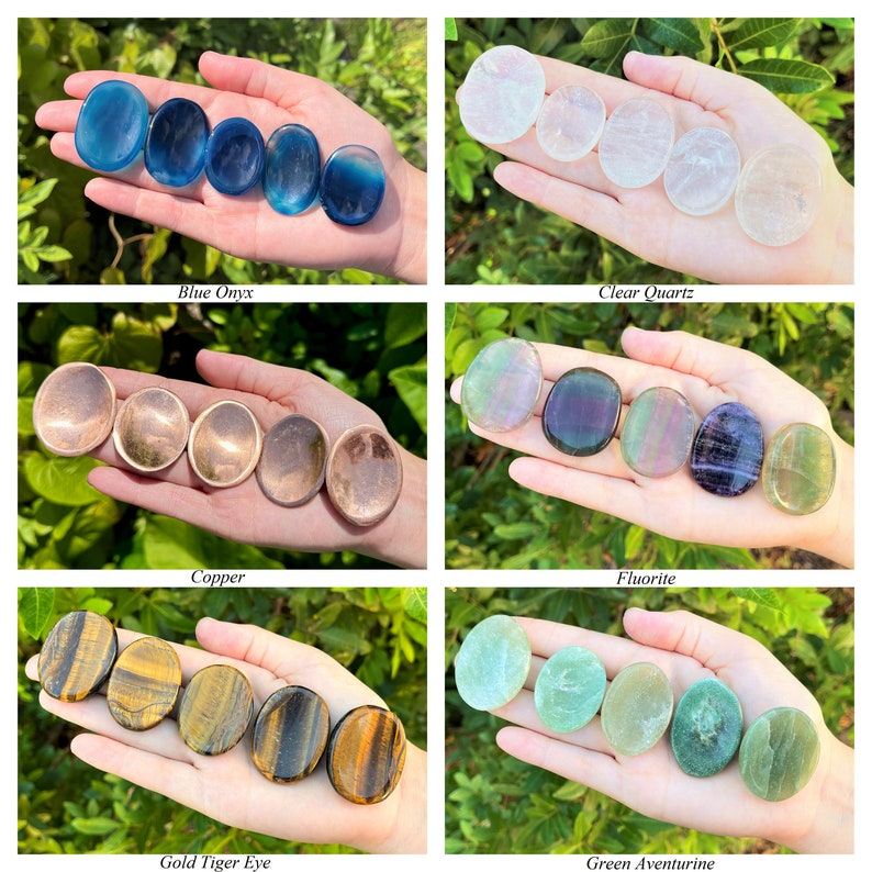 May include: Assortment of polished gemstone palm stones in various colours, including blue onyx, clear quartz, fluorite, gold tiger eye, and green aventurine. Each stone is smooth and oval-shaped, perfect for holding in the hand or using for meditation.