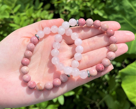 Rose Quartz & Rhodonite Combo Bead Bracelet: 8 mm Round Crystals (Premium Grade Gemstone Bracelet, Rose Quartz Bracelet, Rhodonite Bracelet)