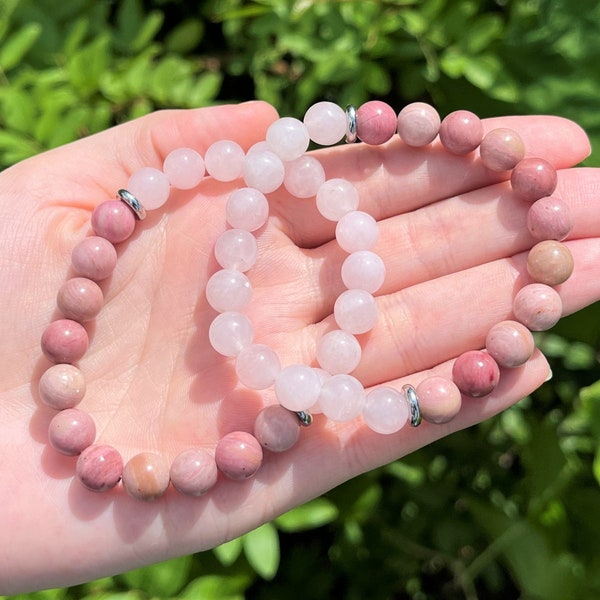 Rose Quartz & Rhodonite Combo Bead Bracelet: 8 mm Round Crystals (Premium Grade Gemstone Bracelet, Rose Quartz Bracelet, Rhodonite Bracelet)