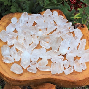May include: A collection of clear quartz crystal points of varying sizes, displayed on a rustic, carved wooden tray. The crystals are translucent and reflect light, creating a sparkling effect. The wooden tray has a warm, natural tone, and the background features green foliage.