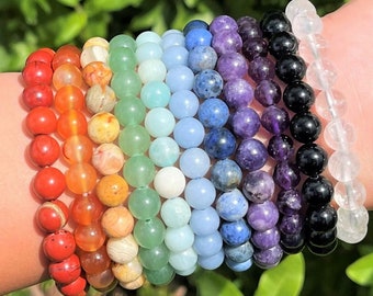 Gemstone 8 mm Bead Bracelets: BUY 3 GET 1 FREE - Huge Variety 8 mm Rounded Stone Natural Crystal Bracelets (Premium Grade Stretch Bracelet)