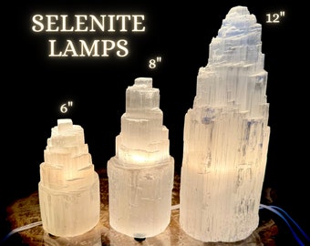 Selenite Crystal Lamp, HUGE Selenite Crystal Skyscraper Lamps: 6", 8", or 12" Complete with Cord & Bulb! (Natural Selenite Tower Home Decor)