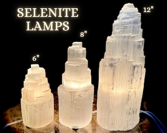 Selenite Crystal Lamp, HUGE Selenite Crystal Skyscraper Lamps: 6", 8", or 12" Complete with Cord & Bulb! (Natural Selenite Tower Home Decor)