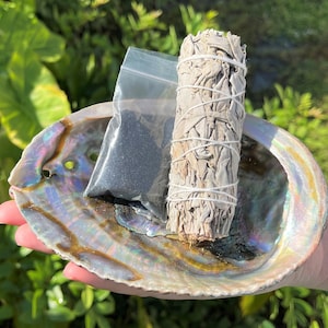 Smudge Kit - Large Abalone Shell, White Sage Smudge Stick, Pack of Black Salt (for Protection) PLUS Smudging Guide! (House Cleansing)
