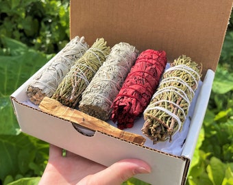 Smudge Kit Box 6 Stick SAMPLER - White Sage, Blue Sage, Cedar Sage, Dragons Blood, Juniper Sage, & Palo Santo Wood (Sampler Gift Box #1)