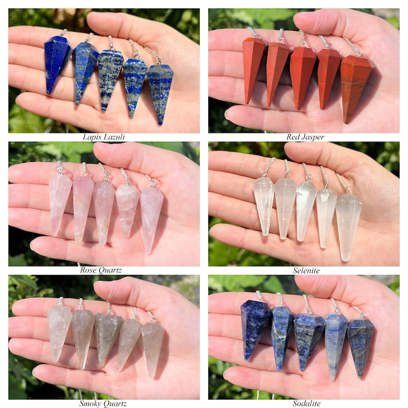 May include: Set of 10 crystal pendulums in various colors, including lapis lazuli, red jasper, rose quartz, selenite, smoky quartz, and sodalite. Each pendulum is a pointed crystal on a silver chain.