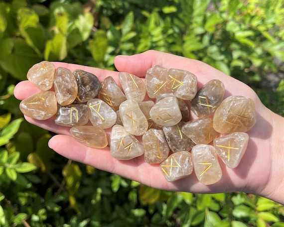 Natural Citrine Rune Stone Set with Velvet Storage Pouch (Set of 25 Elder Futhark Crystal Runestones)