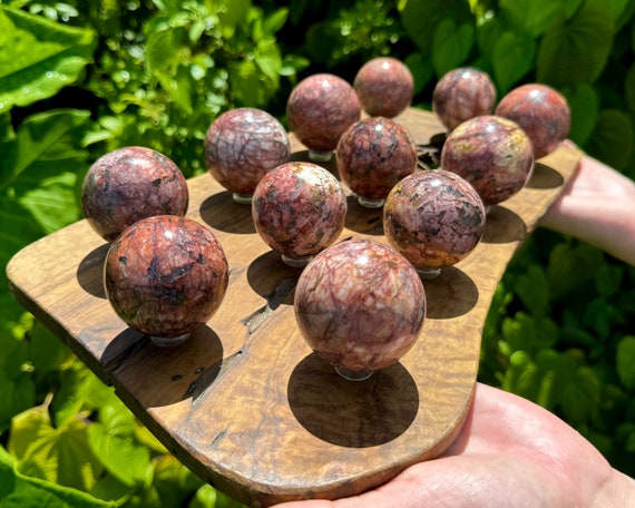 Red Moonstone Crystal Sphere with Stand, Large 1.5 - 2" ('A' Grade Polished Moonstone Spheres)