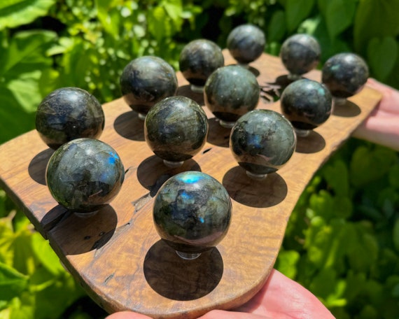 Labradorite Crystal Sphere with Stand, Large 1.75 - 2" Spheres ('A' Grade Labradorite Sphere, Polished Labradorite Crystals)