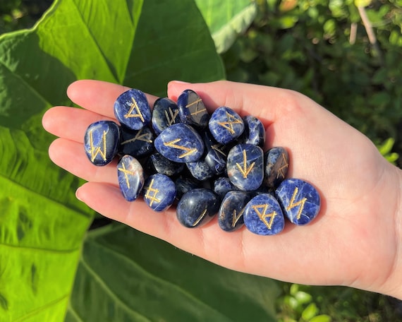 Sodalite Rune Stone Set and Velvet Storage Pouch (Elder Futhark, Crystal Runestones, Sodalite)