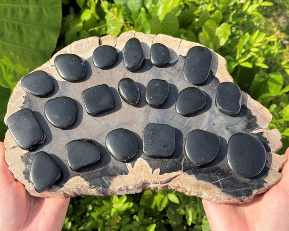 Shungite Palm Stone: Medium Size, Stone Shape Oval (Shungite Pocket Stone, Worry Stone, EMF Protection, Polished Shungite Crystal)