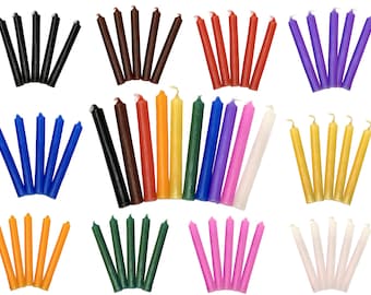 May include: Assortment of 100 small taper candles in various colors, including black, brown, red, orange, yellow, green, blue, purple, white, and pink. The candles are arranged in groups by color.
