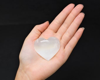 Selenite Heart Stone: LARGE 1.75" (Crystal Heart, Gemstone Heart, Palm Heart, Puffed Heart, Stone Heart, White Selenite, Carved Heart)
