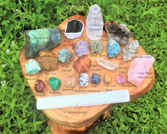 Premium Crystal Set, 22 pcs - Protection Healing Sets PLUS Natural Rough & Tumbled Crystal Specimens (Healing Crystals and Stones)