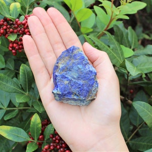 May include: A large, rough, blue lapis lazuli crystal with gold flecks. The crystal is being held in a hand.