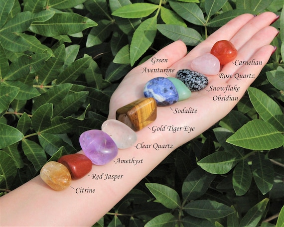 Beginners Crystal Kit, 10 pcs In Velvet Pouch - Most Popular Tumbled Crystals (Chakra Protection Healing Crystal Sets)