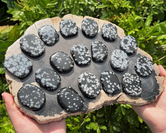Snowflake Obsidian Palm Stone: Medium, Stone Shape Oval (Smooth Polished Snowflake Obsidian Worry Stone, Obsidian Gemstone)